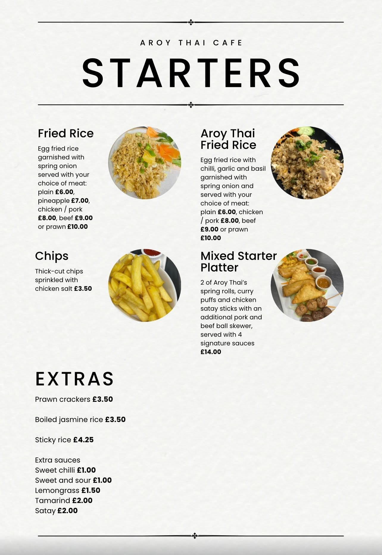 Aroy Thai starters, rice and extras menu