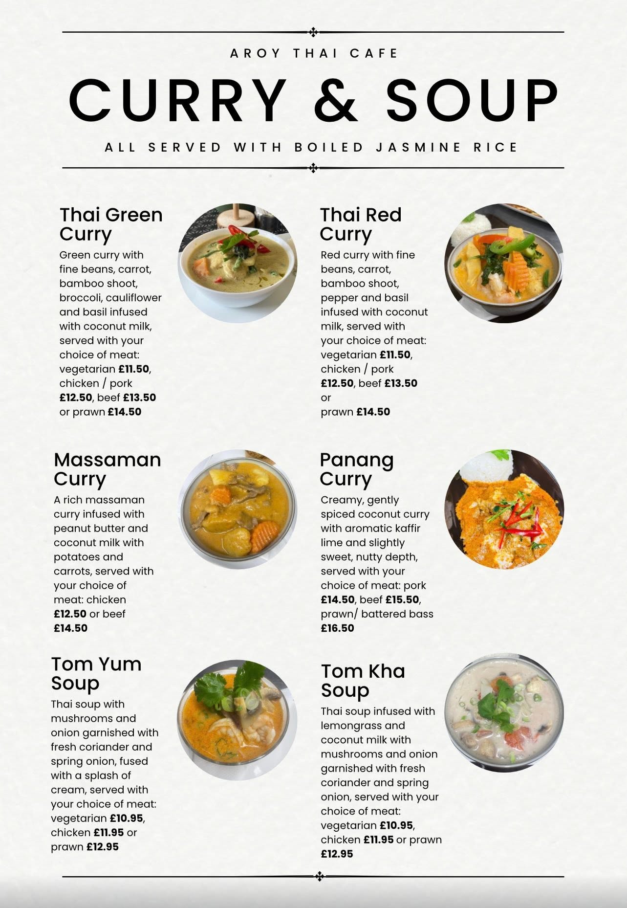 Aroy Thai curry and soup menu
