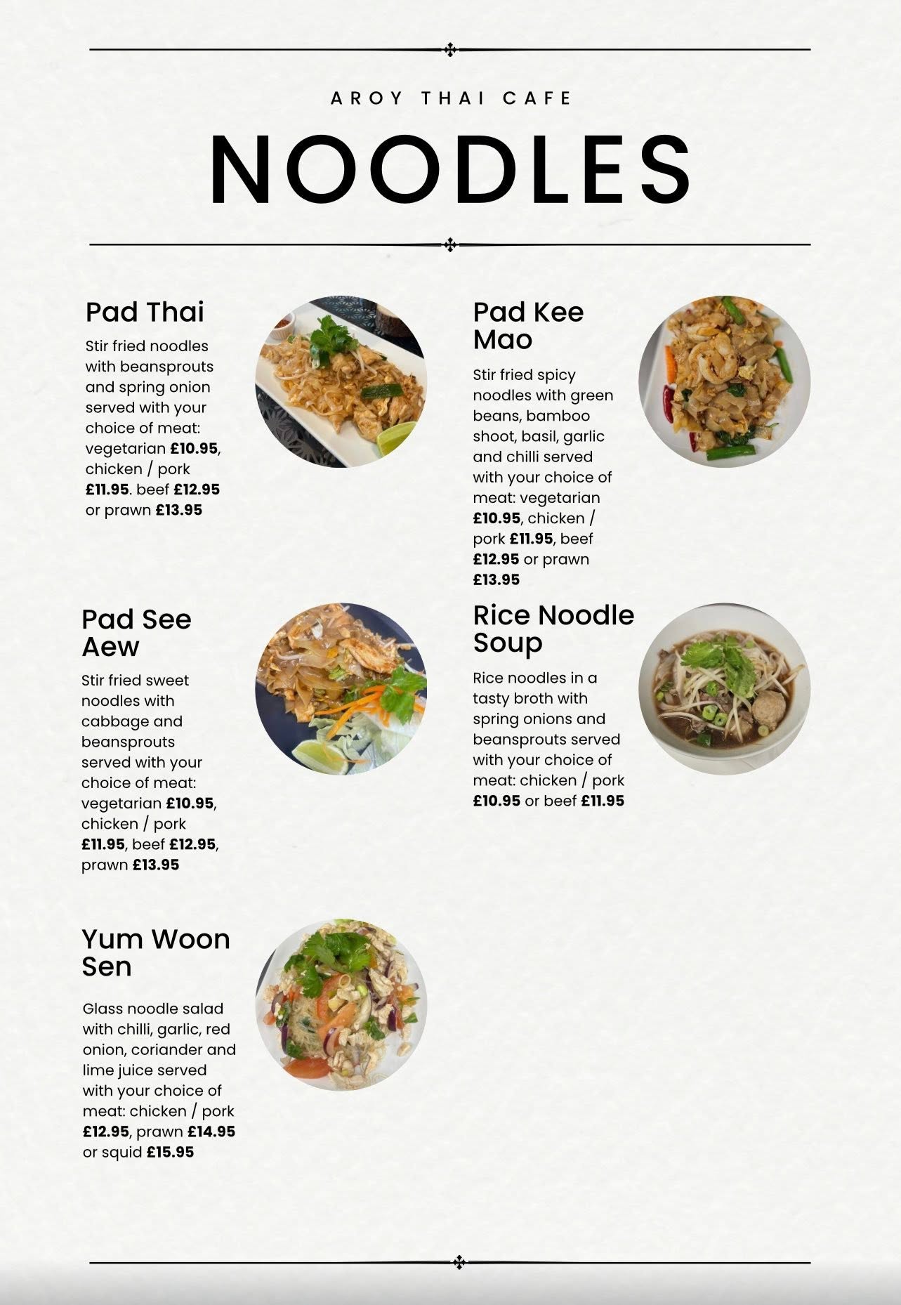 Aroy Thai noodle menu