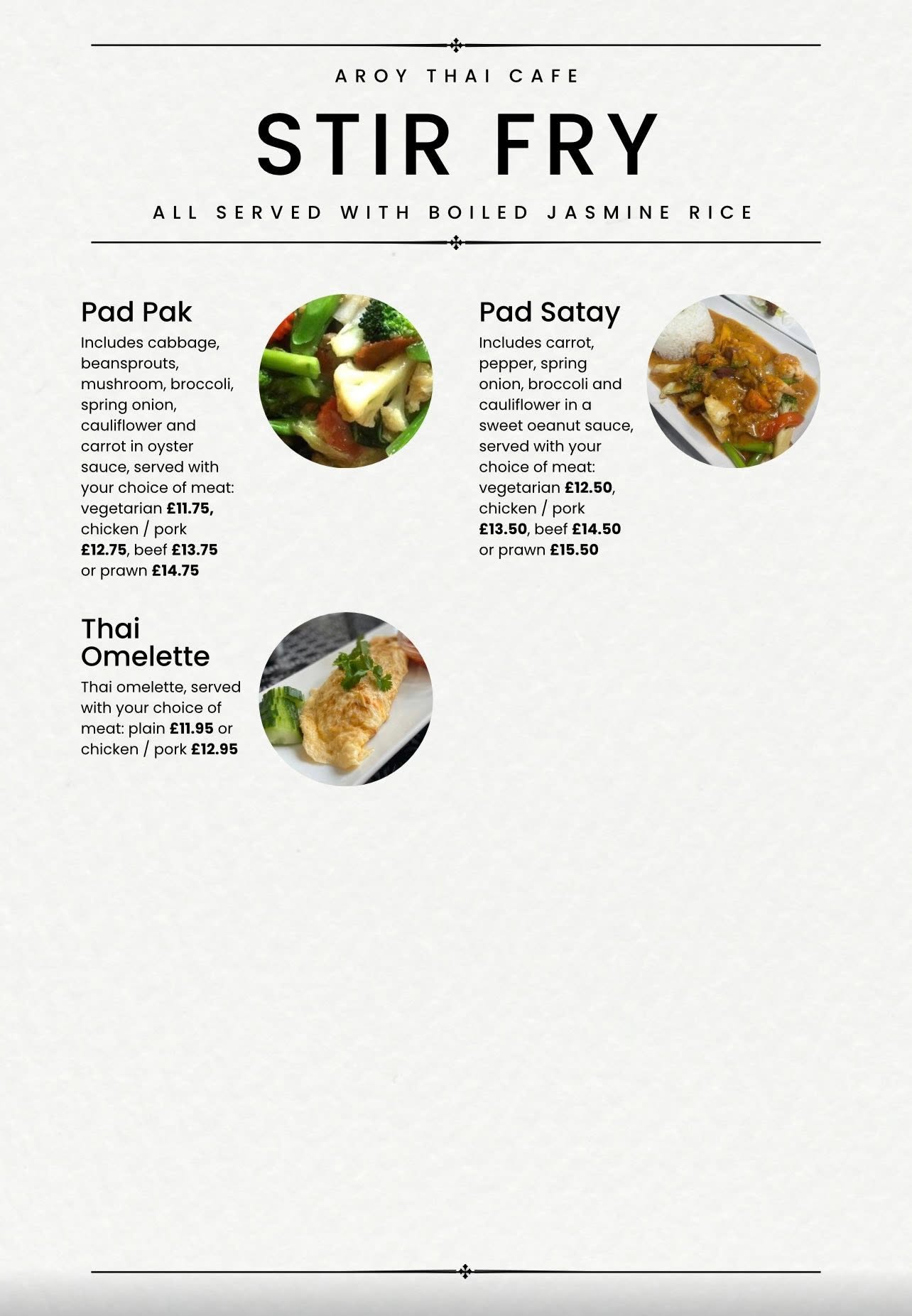 Aroy Thai stir-fry menu