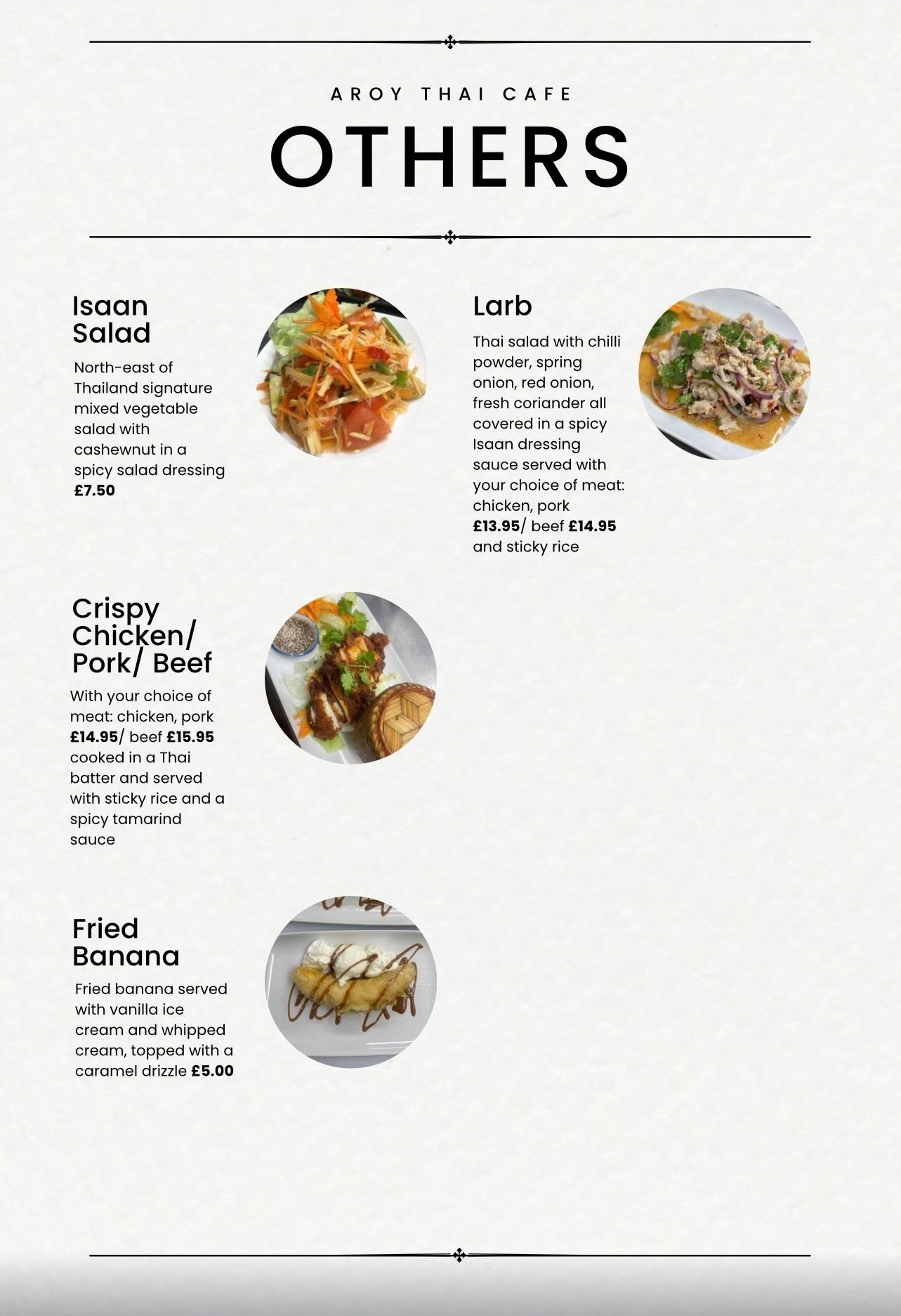 Aroy Thai salads, crispy dishes and dessert menu