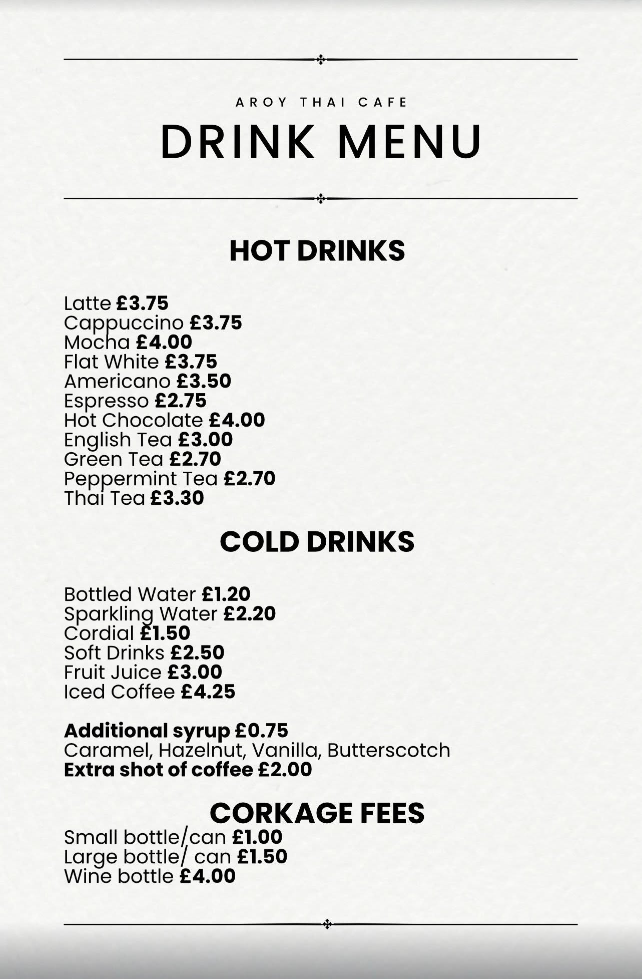 Aroy Thai drinks menu
